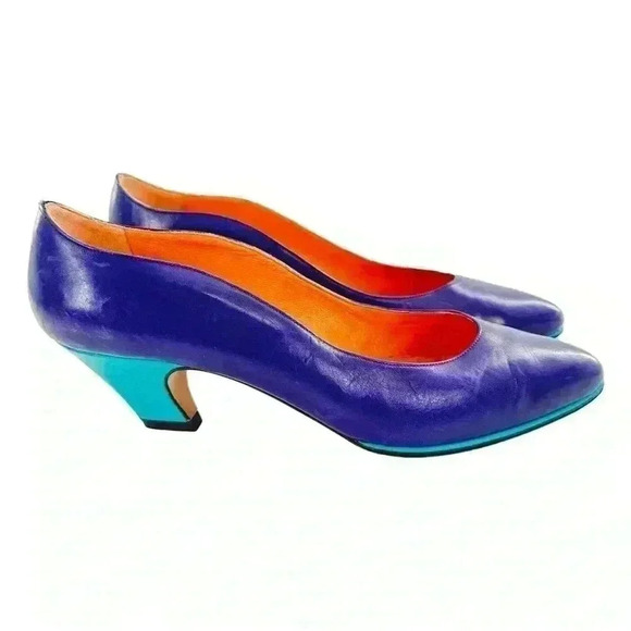 Ellen Tracy Shoes - Ellen Tracy heels 8 N purple blue color block Italian leather 80s 90s vintage